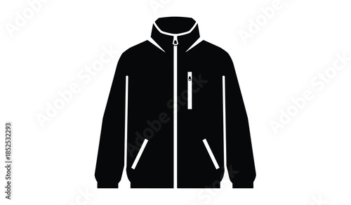 a simplistic black and white illustration depicts a hooded jacket with a visible zipper and pockets isolated on a plain white background