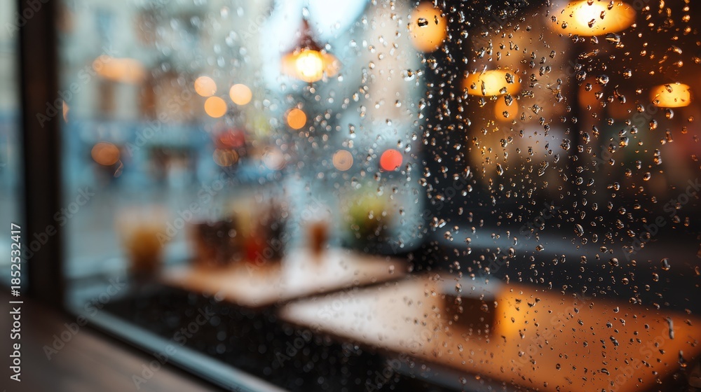 Fototapeta premium Coffee shop window view with rain drops and blurred seating area background