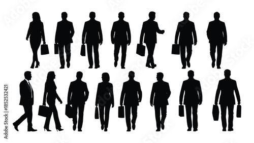 A collection of business people in various poses carrying briefcases depicted as a silhouette