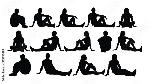 Diverse yoga poses depicted in a minimalist black and white silhouette