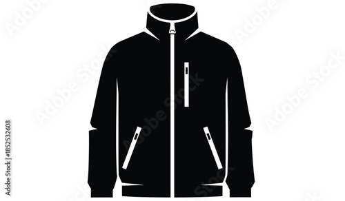 a simple black and white illustration depicts a classic hooded jacket with a front zipper and pockets suitable for design