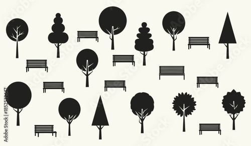 a minimalistic illustration depicting a park scene with various tree shapes and park benches arranged on a plain background high quality