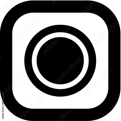 Stylized minimalist icon symbolizing a camera shutter or recording action, rendered in striking black and white within a rounded square, perfect for web and app design interfaces