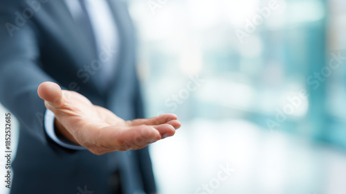 Open hand gesture of businessman in suit with blurred office background, symbolizing offering help and support with calm mood