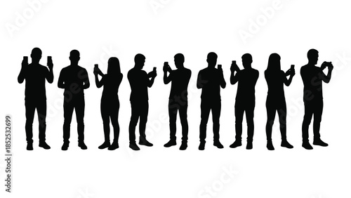 A line of human figures displayed in various poses presented as a striking silhouette