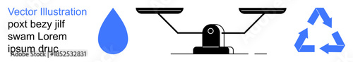 Environmental protection, conservation, resource management, waste reduction, eco-conscious living, sustainable practices. Water drop, recycling symbol balancing scale. Conservation and sustainable