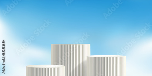 Podium on sky blue bg, heaven studio platform. Beauty product box, cosmetic aesthetic 3d. White cube on soft cloud. Skincare hygiene, perfume container geomertic display. Summer building base stairs