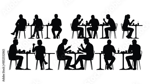 a group of people seated at tables enjoying a meal together black silhouette