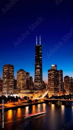 A city skyline at dusk with buildings illuminated against a twilight sky, reflecting in the water below