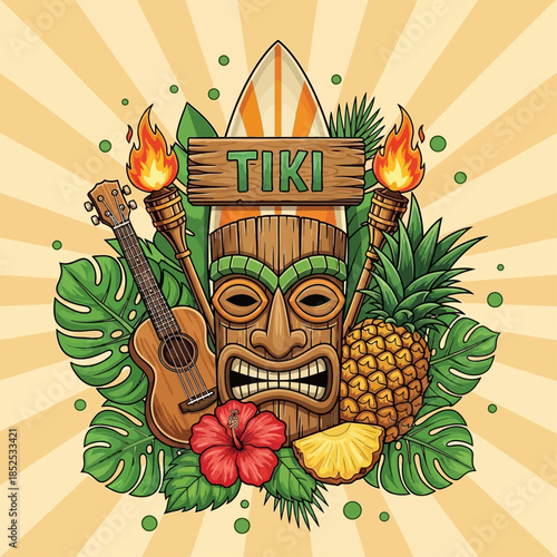 Tropical Tiki Mask Display with Flaming Torches Ukulele and Pineapple