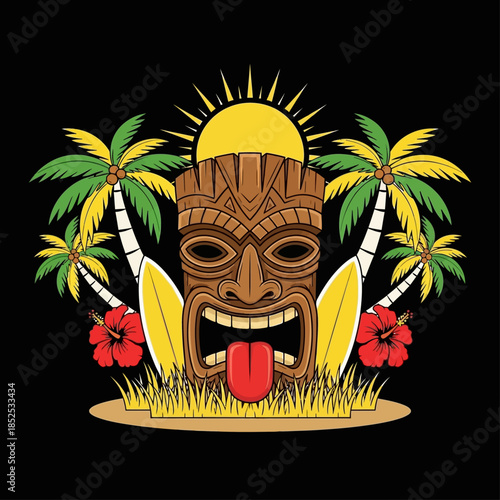 Exotic Tiki Idol with Tropical Scene Palm Trees and Surfboards Design