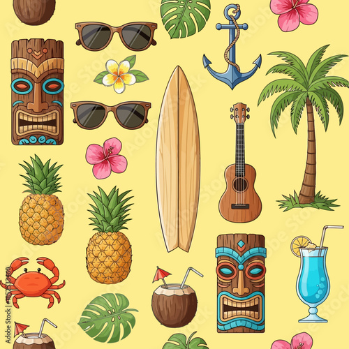 Tropical Seamless Pattern with Beach Vacation Icons and Hawaiian Elements