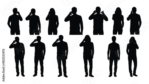 Diverse group of people in various poses shown as a striking black silhouette