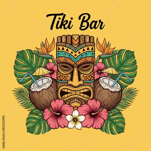 Tropical Tiki Bar Signage with Carved Idol Coconuts and Exotic Foliage
