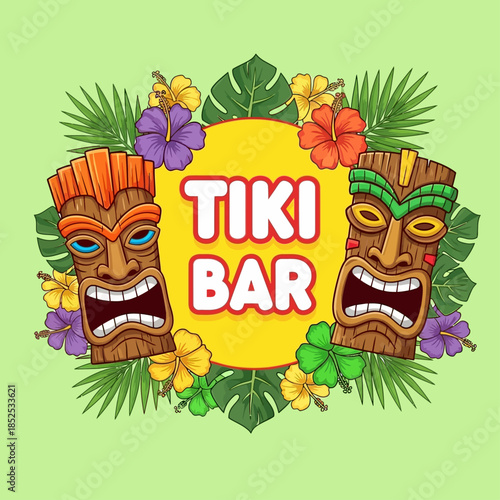 Vibrant Tiki Bar Sign with Tropical Flowers and Lush Greenery Perfect for Summer Parties Beach Resorts
