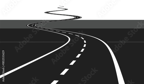 A winding road stretches into the distance depicted in grayscale with simple lines suggesting a journey or path forward high quality