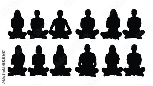 group of people in various meditative poses depicted in a dark silhouette
