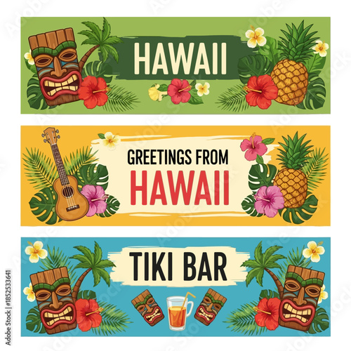 Vibrant Hawaiian Banners Aloha Spirit Tiki Masks Ukulele Tropical Flowers Pineapples Tiki Bar Theme Perfect for Travel Vacation Promotion