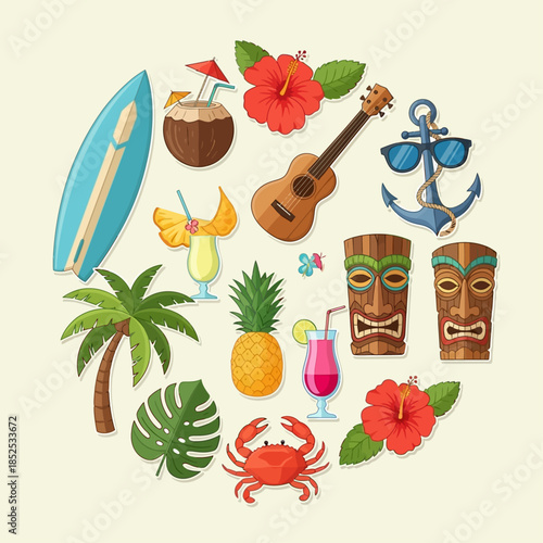 Vibrant Tropical Hawaii Vacation Icons Circle Design Surfboard Coconut Drinks Ukulele Tiki Masks Pineapple Palm Tree Hibiscus Flowers