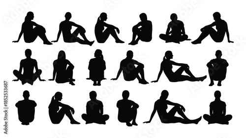 Diverse yoga poses depicted in a series of black human figure silhouettes