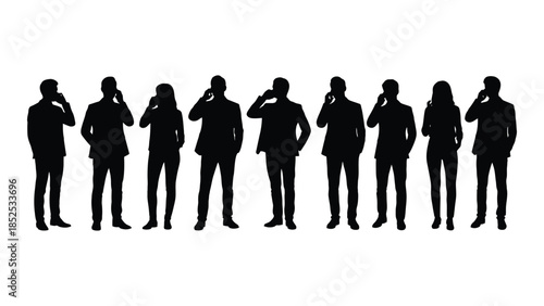 A row of business people talking on phones depicted in a striking black silhouette