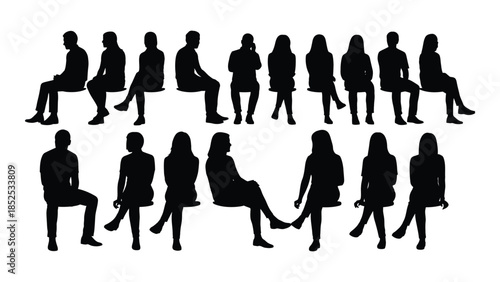 a collection of diverse black silhouettes showing people in various seated and standing poses silhouette