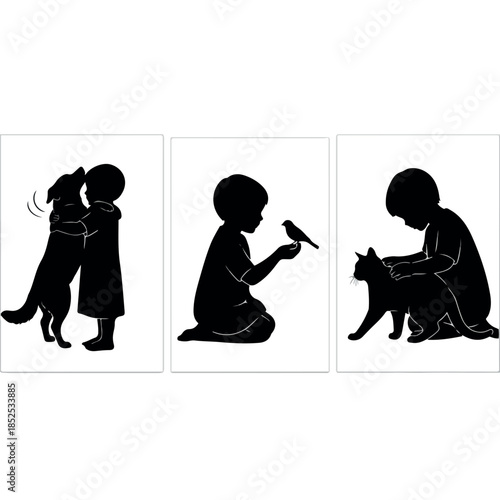 Children interacting with pets a heartwarming silhouette collection.