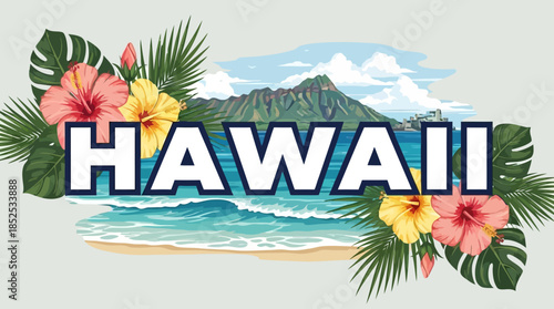 Vibrant Hawaii Tropical Paradise Aloha Beach Hibiscus Flowers Palm Leaves and Majestic Mountain Scenery