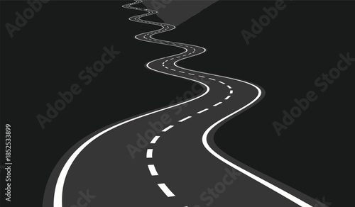 a winding illuminated road stretches into the darkness depicted with stark white lines and shaded grey tones creating a dynamic and compelling visual