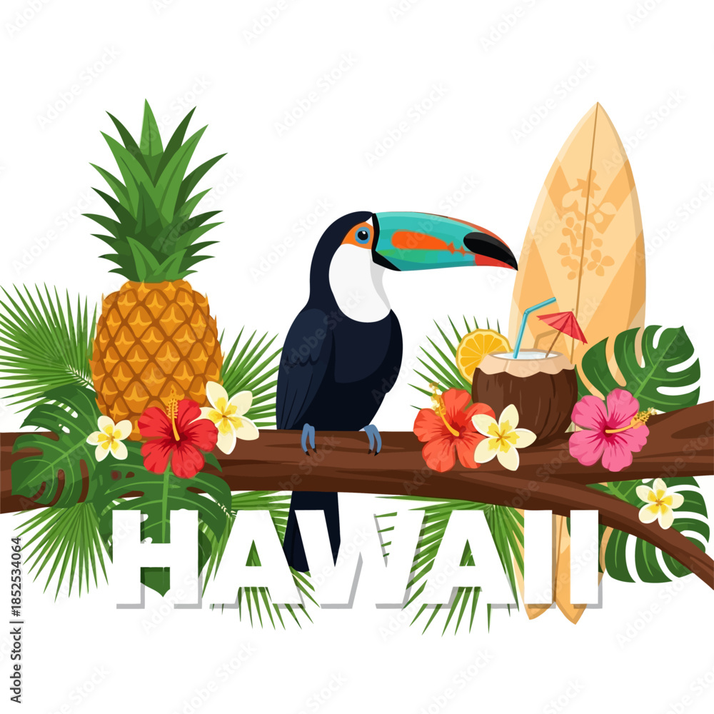 Obraz premium Tropical Hawaiian Paradise Toucan Bird Pineapple Coconut Drink Surfboard Exotic Flowers on White Background
