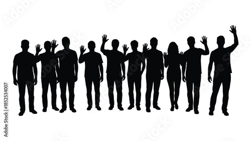 A group of people waving and standing together depicted in a dark striking silhouette