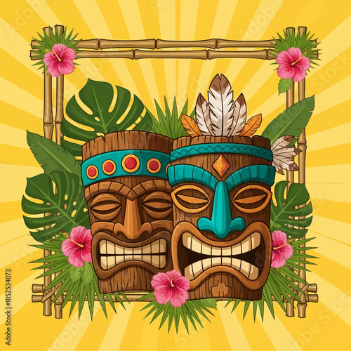 Vibrant Tiki Masks surrounded by tropical foliage and hibiscus flowers in a bamboo frame on a sunburst background perfect for Hawaiian luau or tropical party themes