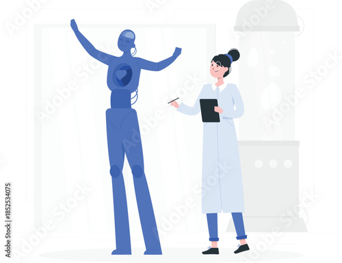 Blue humanoid robot and woman in lab coat interacting in laboratory setting blue robot