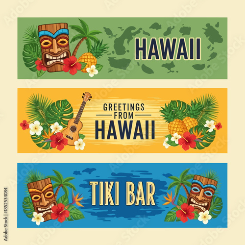 Vibrant Hawaiian Banners Tiki Masks Ukulele Pineapples Hibiscus Flowers Tropical Leaves Aloha Spirit Island Vibes