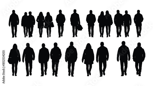 A collection of diverse human figures depicted in dark black silhouette