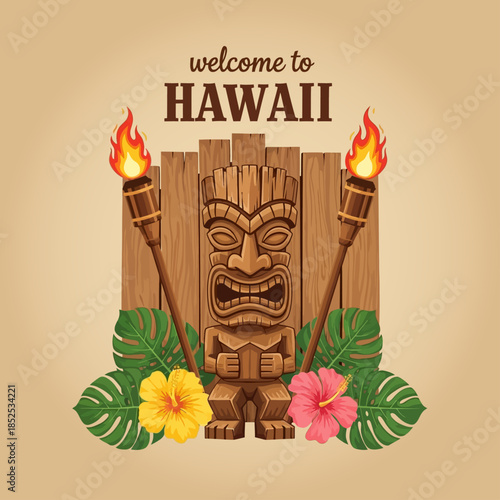 Welcome to Hawaii Traditional Tiki Idol with Torches and Tropical Flowers