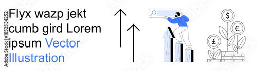 Digital marketing, finance trends, investment growth, business analytics, market research, online search. Person analyzing trends, graphs financial icons. Digital marketing and finance trends