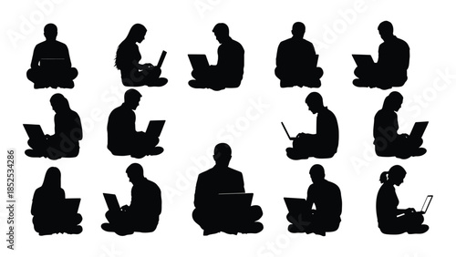 Diverse group of people working with laptops in various poses a striking silhouette