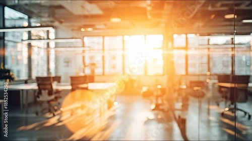 Bright with modern office interior at sunrise, and creating a positive and productive workspace.
