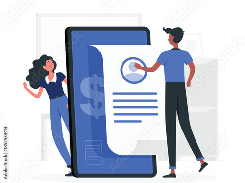 Cartoon man and woman interacting with large smartphone displaying document and dollar sign d