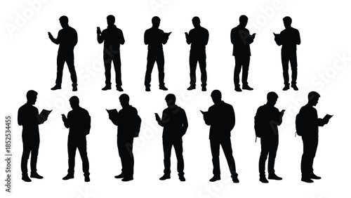 group of people in various poses holding items depicted as a dark silhouette