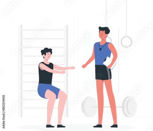 Cartoon men exercising and talking in gym