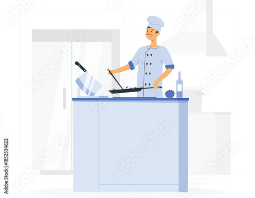 Chef cooking with frying pan and ingredients on kitchen counter de