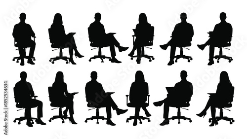 Diverse group of people seated in office chairs depicted in a dark silhouette