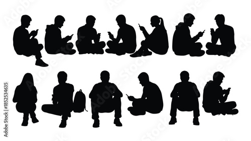 A collection of diverse human figures depicted in black showcasing various poses and forms silhouette