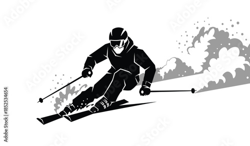 A dynamic black and white illustration depicts a skier in motion carving through a snowy slope with speed and precision
