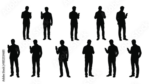 A collection of ten black silhouettes depicting men in various poses and stances silhouette