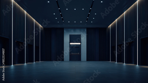 Modern dark interior hallway with vertical light strips and multiple doorways, creating sleek and futuristic atmosphere