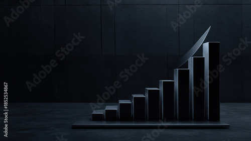 Rising black bar chart with upward arrow symbolizing growth and success in business or finance on dark background