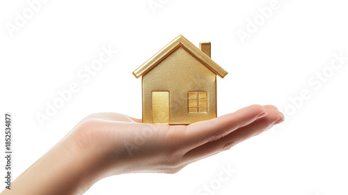 A person holding a shiny golden house model in their hand. symbolizing real estate investment and home ownership. with a clean white background emphasizing the subject